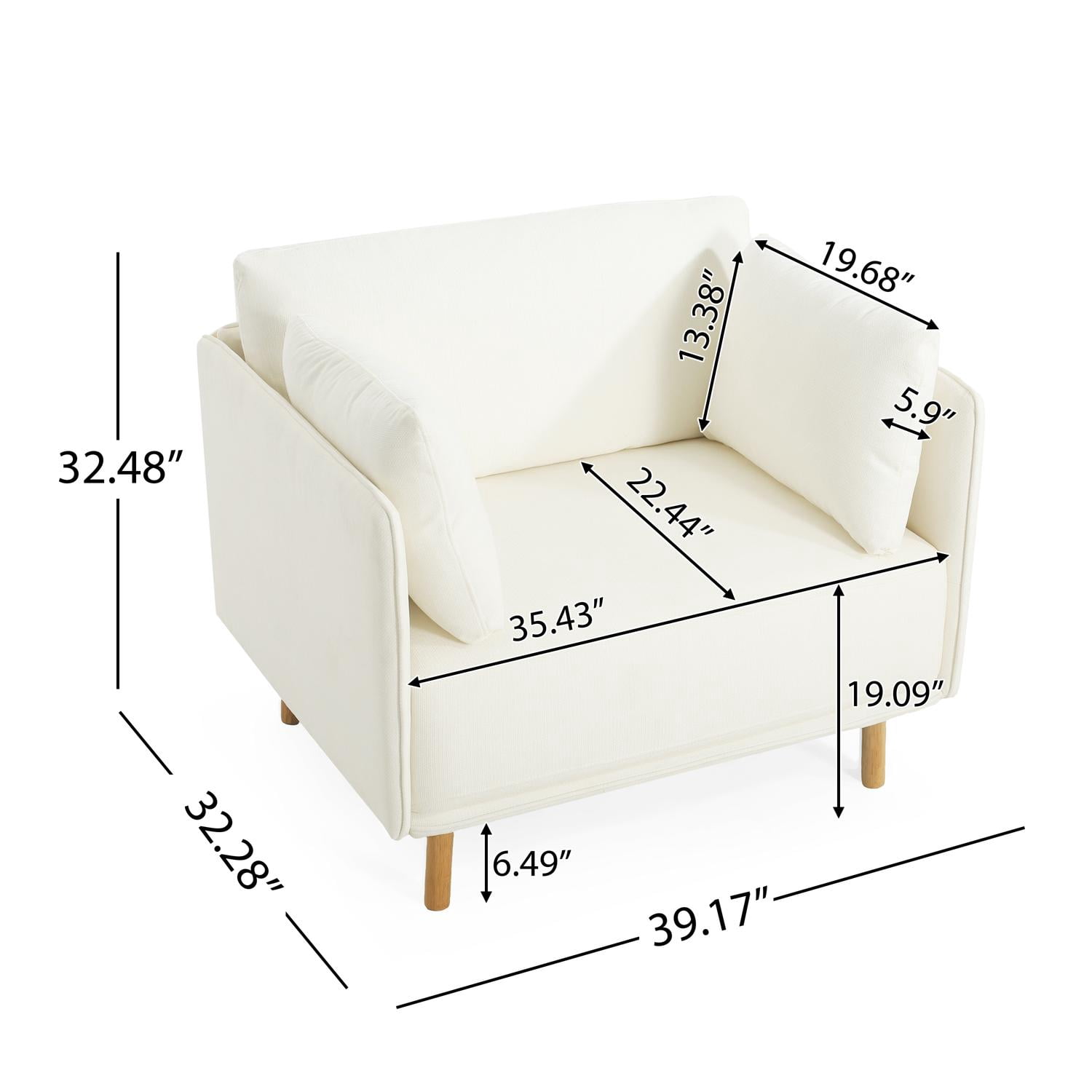 Modern Upholstered Accent Chair with 2 Pillow,Solid Wood Arm Reading Lounge Lazy Sofa for Living Room Bedroom,Guest Room,White