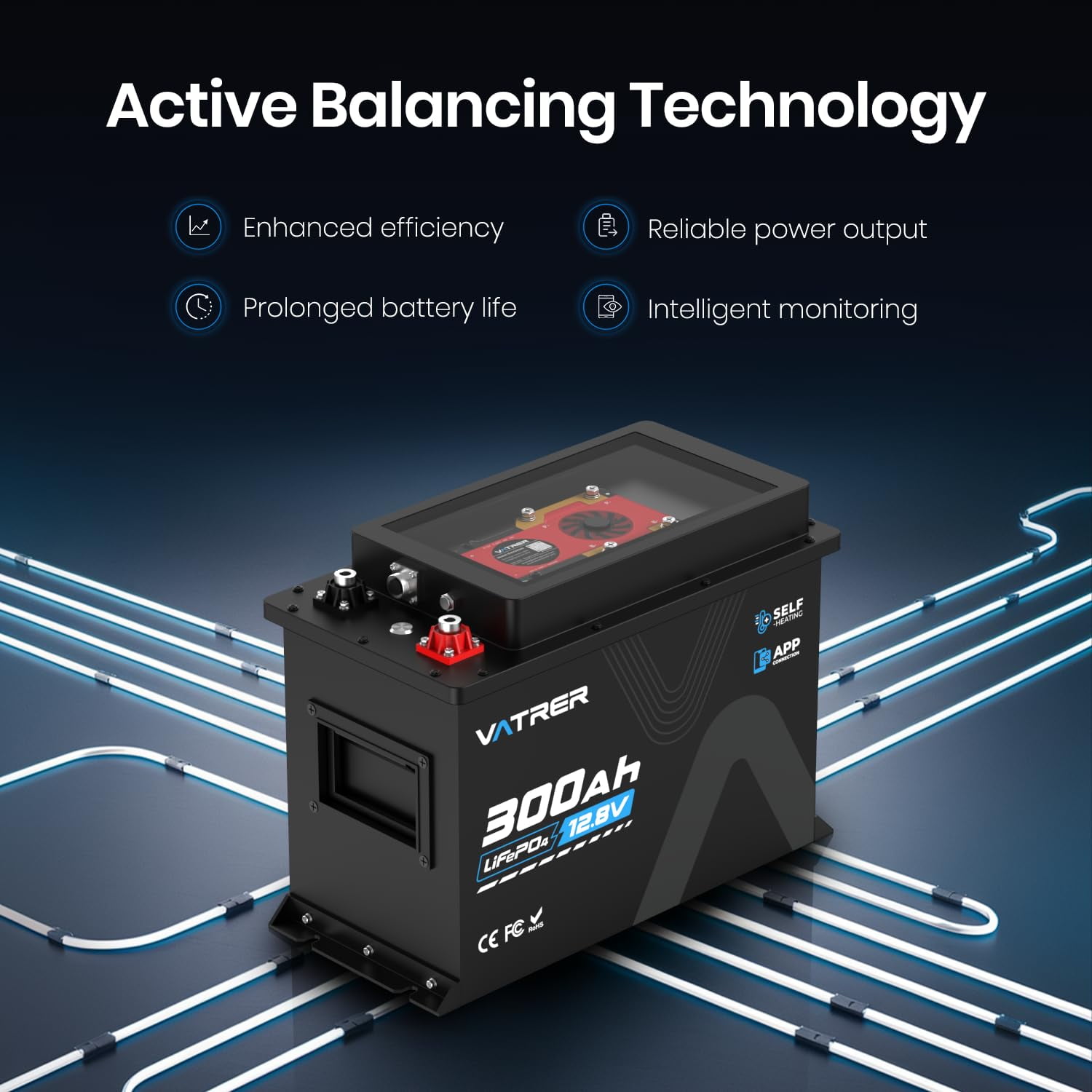VATRER POWER 12V 300Ah RV LiFePO4 Battery with Self-heating, Active Balancing, APP Monitoring, 5000+ Cycles Lithium Battery, Perfect for RV, Motorhome