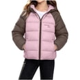 thumbnail image 2 of BXJX Girls Hooded Puffer Jackets Size 10-12 T, Color Block Thermal Full Zip Long Sleeve Quilted Winter Outerwear Pink, 2 of 9