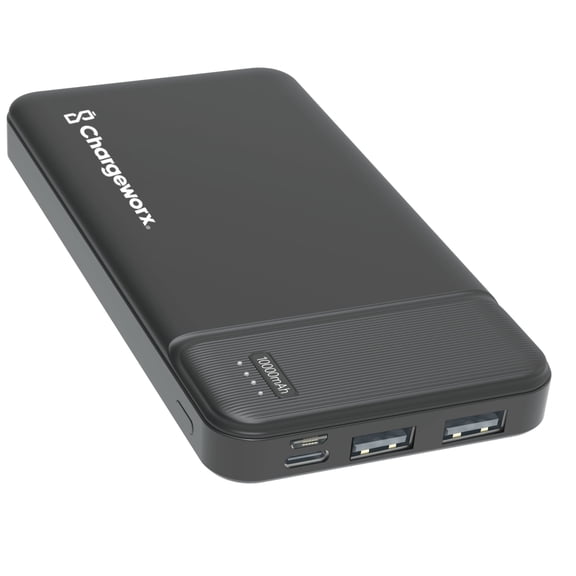 Chargeworx 10000mAh Power Bank – Portable Charger with Triple Output | USB-C, Micro USB & USB Ports | Up to 75 Extra Hours | Compact External Battery Pack for Phones, CX6862