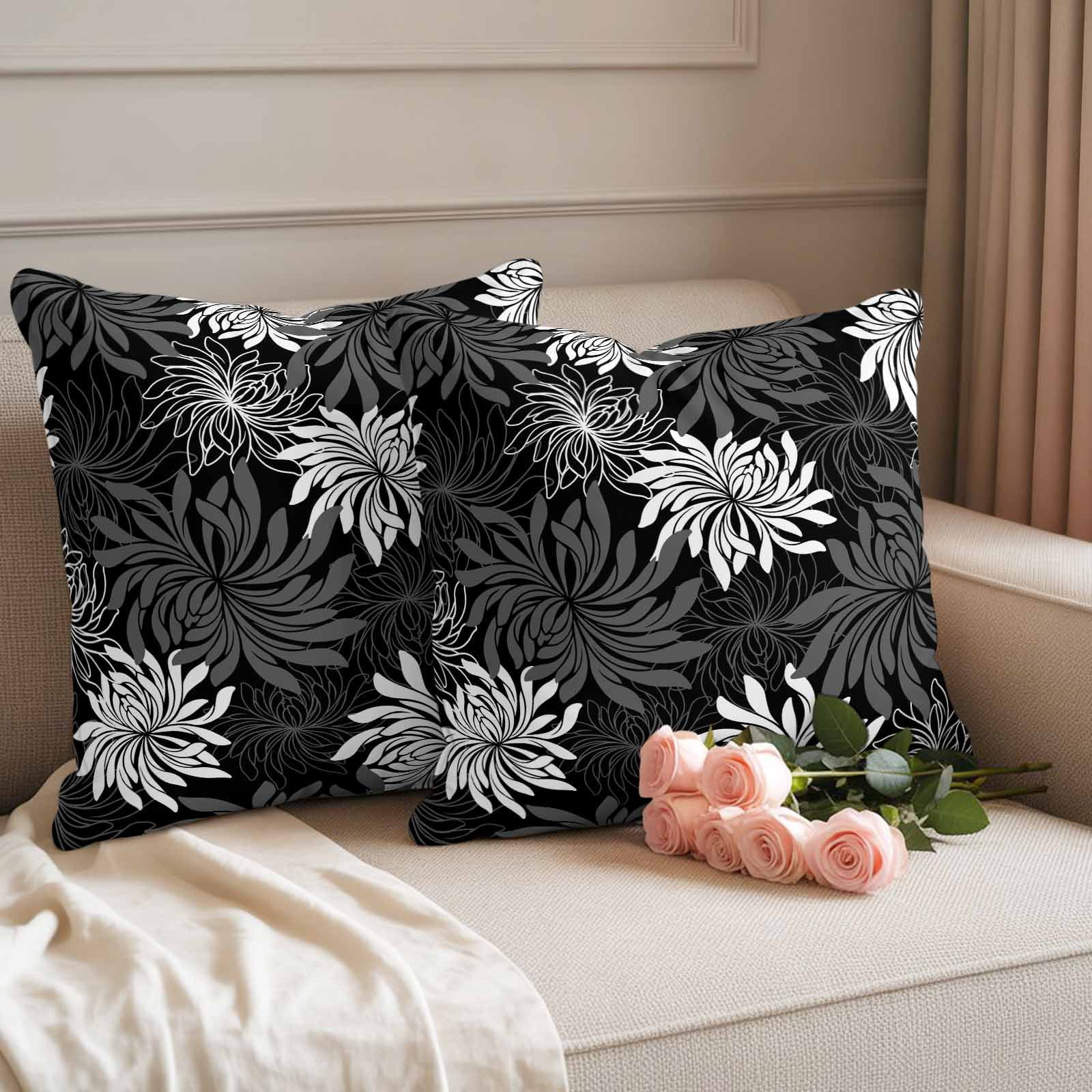 Black Grey Flowers Outdoor Waterproof Throw Pillow Covers 20x20 Set of 2, Modern Abstract Blooms Floral Decorative Pillowcases Cushion Pillowcase for Couch Sofa Patio Outside Pillow Protector