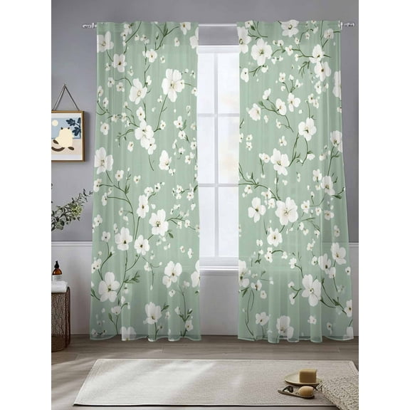 White Spring Floral Sheer Curtains for Living Room Bedroom Sage Green Botanical Watercolor Sheer Curtains 108 Inch Long 2 Panels Set Light Filtering Curtain Window Treatments Drapes for Dining Room