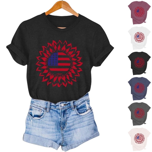 Goodtrade8 Short Sleeve Shirts for Women Summer 4th of July Pullover Independence Day Red White and Blue Casual USA Years Anniversary Graphic Crew Neck Womens Tops Fashion