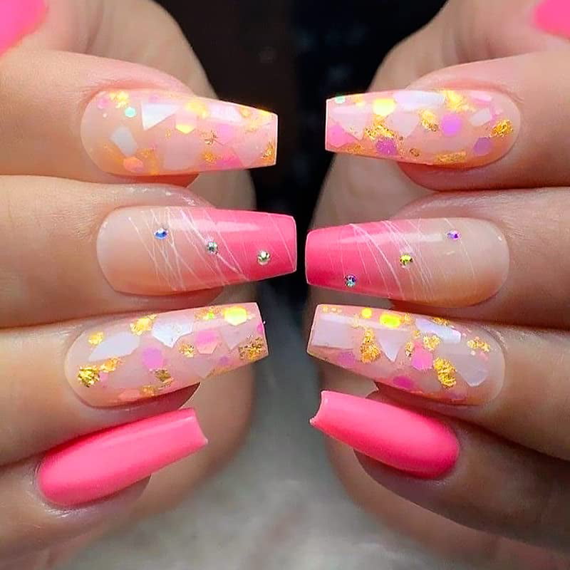 Long Press on Nails with Designs Hot Pink Glitter Rhinestone False Fake  Nails Acrylic Nails Press On Coffin Artificial Nails for Women Stick on  Nails With Glue on Static nails 