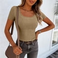 thumbnail image 4 of Lumtrix Women'S Short Sleeve Scoop Neck Ribbed Knit Fitted Dressy Casual Tops Tee Summer Slim Trendy Basic Shirts Beige L, 4 of 7