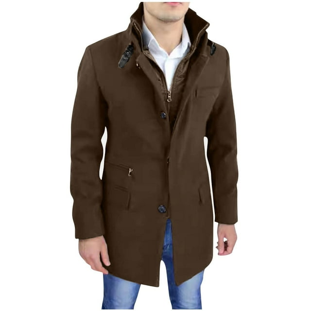 Pisexur Trench Coat for Men Men Casual Button Zipper Solid Long Sleeve Pockets Stand Collar Outwear Coat Wool Coat Men Men Winter Jacket