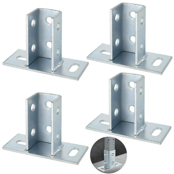 4PCS Post Bases, 2 Slotted Hole Strut Channel Post Brackets, Galvanized Steel Post Floor Mounting System, Heavy Duty Fence Ground Mounting Brackets