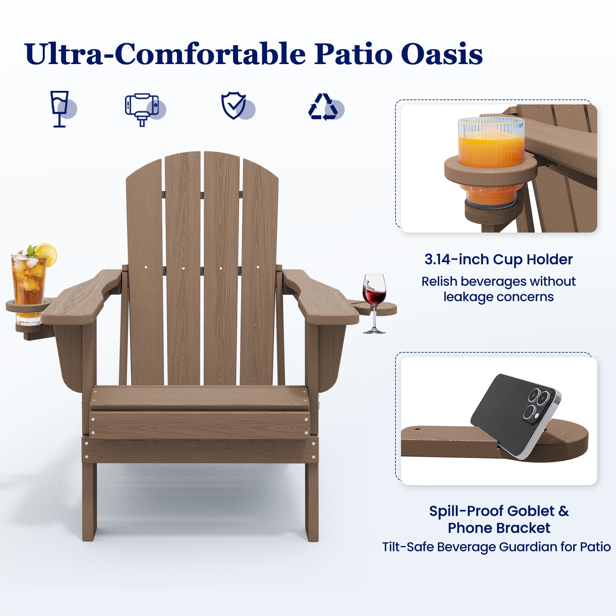 SERWALL Folding Adirondack Chair Set of 4 with Dual Cup Holders & Phone Holder, All-Weather HDPE Fire Pit Chairs for Outdoor, Patio, Poolside, Garden - Brown