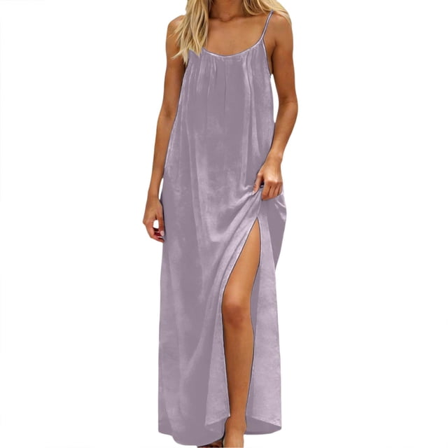 Daiosportswear Robe Longue Décontractée à Bretelles Spaghetti Dos Nu Ample pour Femmes, Robe de Chambre à Manches Courtes Violette TG(TG)