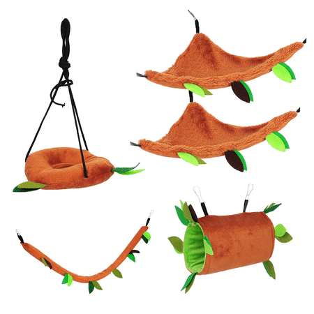 5pcs Hamster Hanging Cage Set Leaf Wood Design Small Animal Hammock Tunnel Ropeway Swing for Guinea Pig Rat Birds Parrot Gerbil Sugar Glider