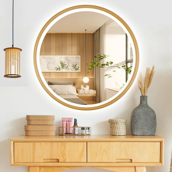 STARLEAD 23.6 inch Round LED Bathroom Mirror Vanity Mirror with Lights 3 Colors Dimmable Bluetooth Anti-Fog Waterproof Smart Touch Butto Wall Mounted