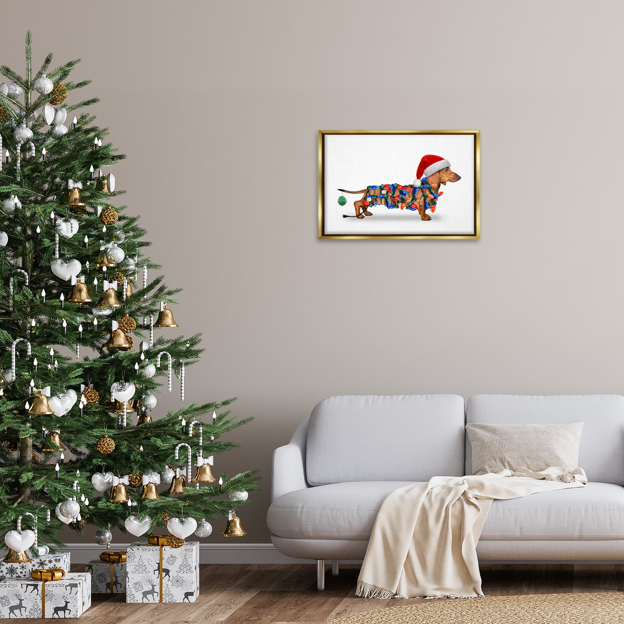 Stupell Industries Christmas Lights Wrapped Dog Holiday Painting Gold Floater Framed Canvas Art Prints Wall Art, 25 x 17