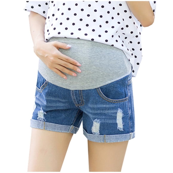 FAIWAD Women's Maternity Jean Shorts Ripped Roll Up Hem Stretchy Over Belly Denim Shorts Pregnancy Clothes