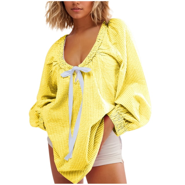 Pisexur Hauts pour Femmes Mode Rayé Chemises à Manches Longues pour Femmes Décontracté Chic Col Rond Chemises à Cordon Confort Amples pour Sortir Blouses