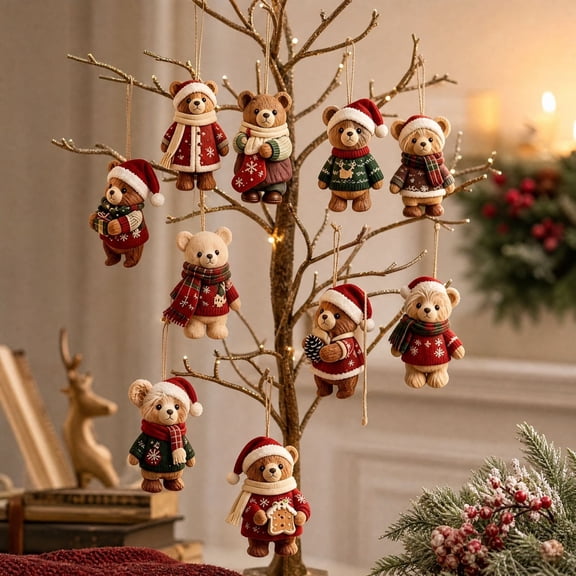 Christmas Bear Wooden Ornaments 10 PC Set Santa Hat Knit Sweater Hanging Tree Decoration
