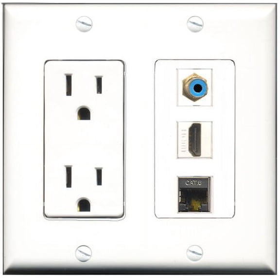 RiteAV - 15 Amp Power Outlet 1 Port HDMI 1 Port RCA Blue 1 Port Shielded Cat6 Ethernet Ethernet Decorative Wall Plate