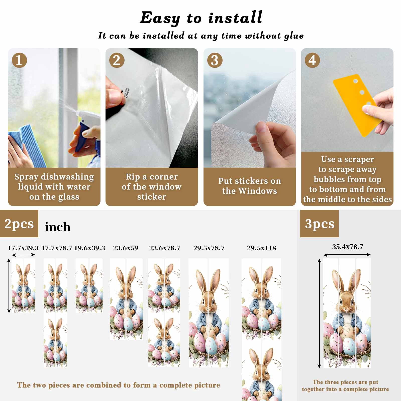 Easter Bunny Window Privacy Film, Funny Rabbit Pink Blue Green Eggs Spring Floral Leaf Frosted Glass Window Clings Static Cling UV Heat Blocking Reusable Door Sticker for Bedroom 23.6x59 Inch