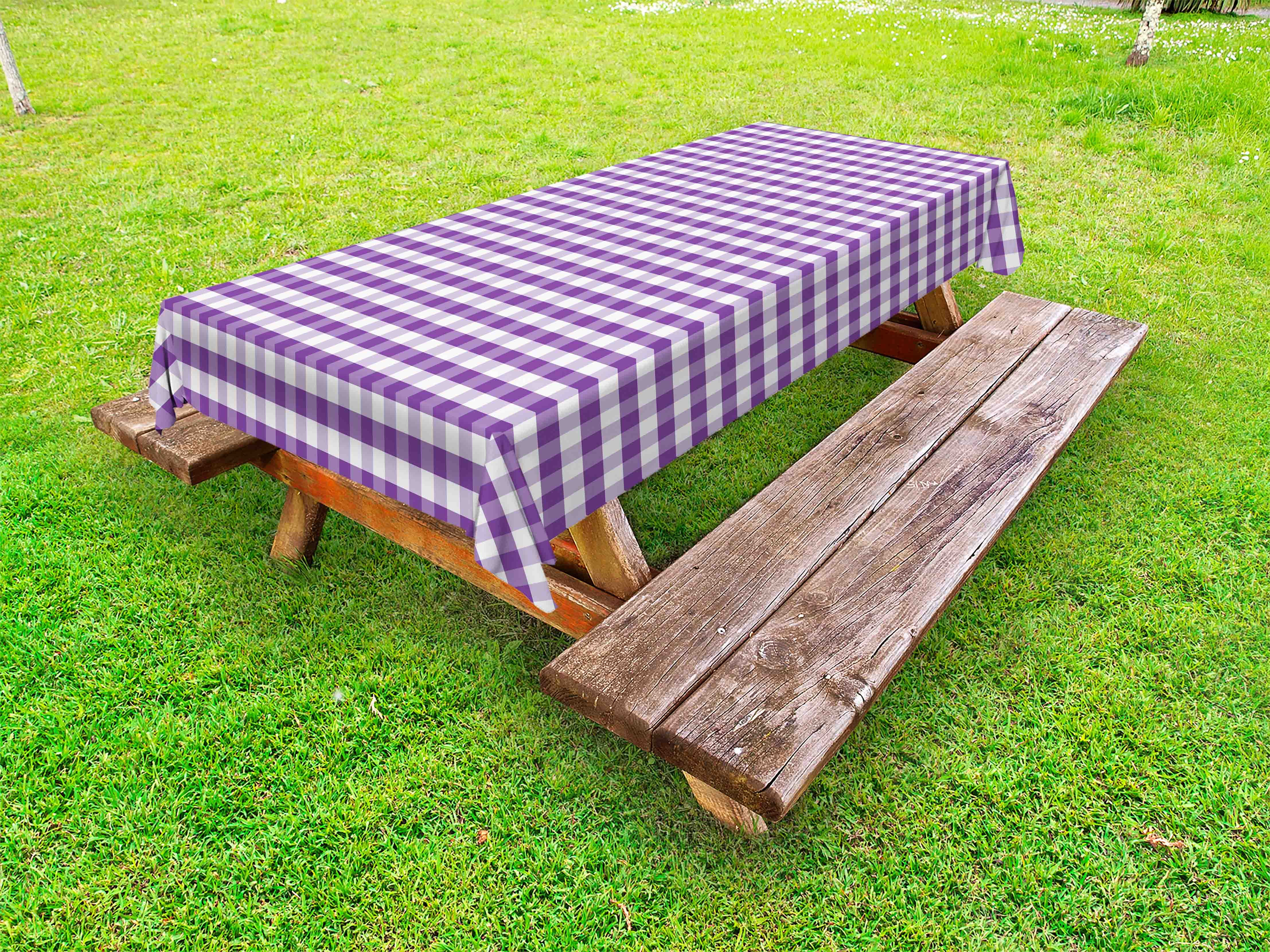 Checkered Outdoor Tablecloth, Purple and White Colored Gingham Checks