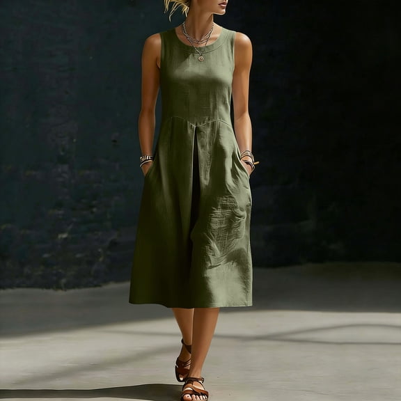 IUYRTFE Women's Loose Fit Sleeveless Tank Dress with Pockets Cotton Linen Blend Casual Summer Midi Dress