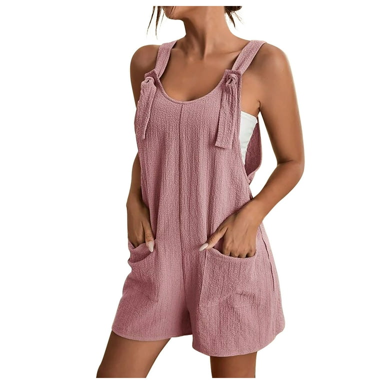 Cotton Linen Jumpsuits for Women Tie Knot Strap Romper Sleeveless Short Pants Wide Leg Jumpsuit Overalls with Pockets