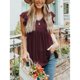thumbnail image 3 of Blusa de manga corta con volantes para mujer, informal, con cuello en V, dobladillo suelto, blusa de manga corta para primavera y verano, rojo vino XXXL, 3 of 6