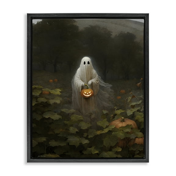 Stupell Industries Ghost in Pumpkin Patch Fantasy & Sci-Fi Painting Black Floater Framed Canvas Art Print Wall Art, 17 x 21