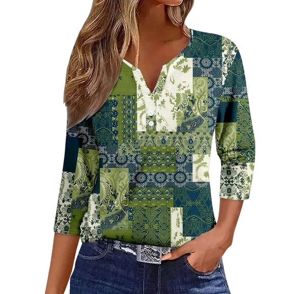 CONZONE Womens Summer T-Shirts 3/4 Sleeve T Shirts for Women Casual V Neck Floral Graphic Lightweight Tees Soft Cozy Dailywear