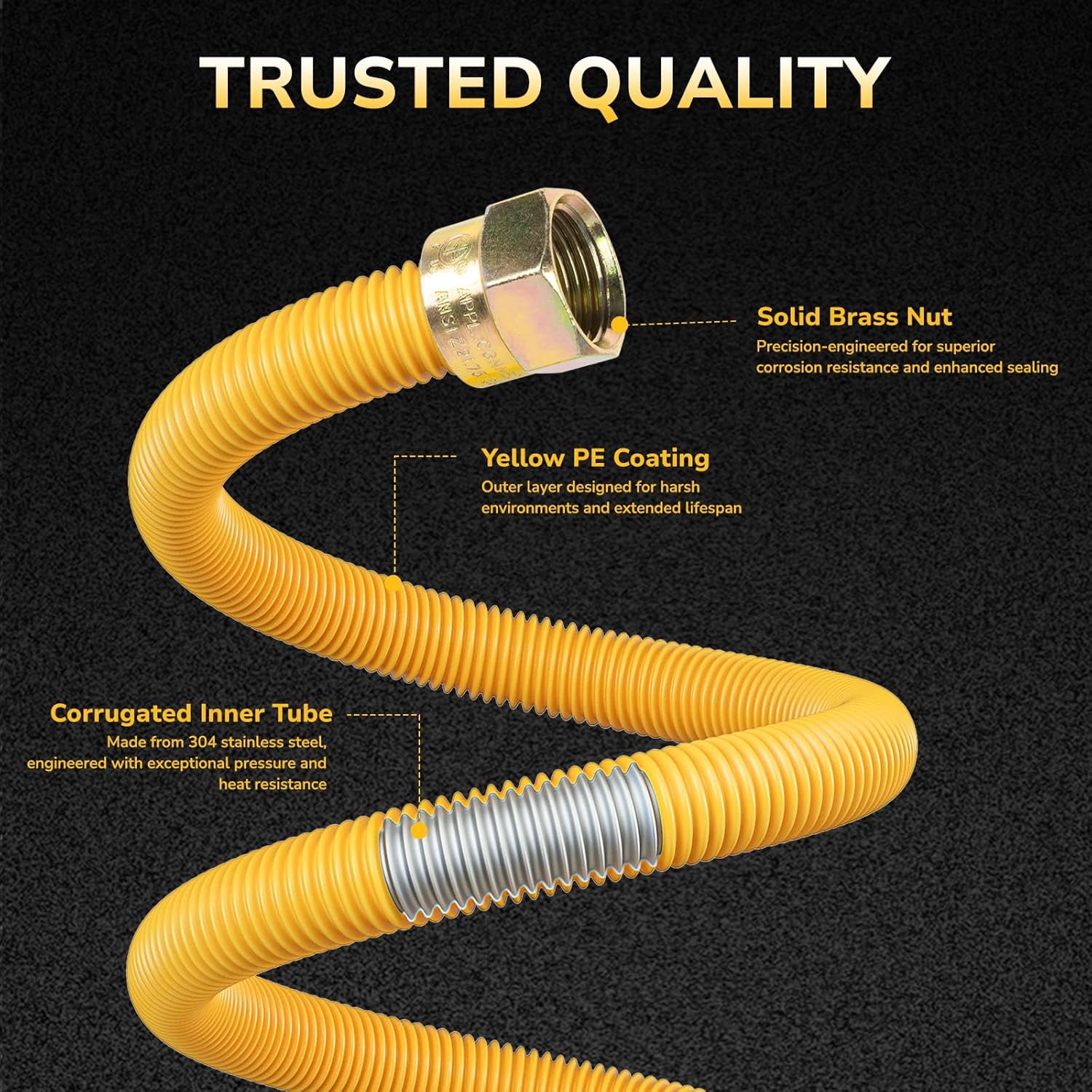 72" Gas Line Hose for Dryer, Gas Stoves, Water Heater, 1/2" OD Stainless Steel Gas Corrugated Dryer Gas Connector kit with 1/2" FIP & 1/2" MIP Fittings, Flexible Dryer Gas Supply line