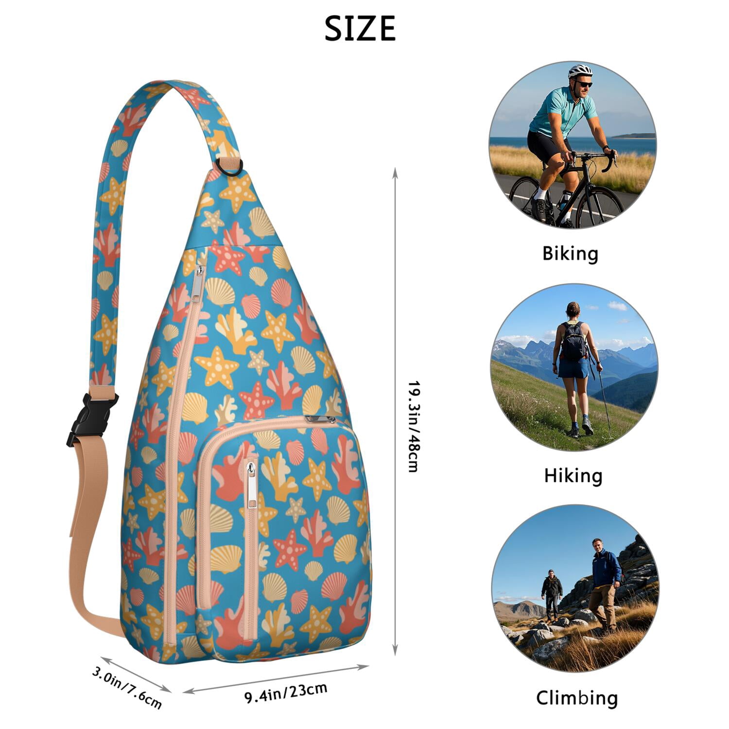 Nautical Sling Bag - Vintage Ocean Theme with Starfish, Seahorse & Seashells Print, Waterproof Lightweight Chest Pack for Beach & Seaside Adventures (Adjustable Strap, Unisex)