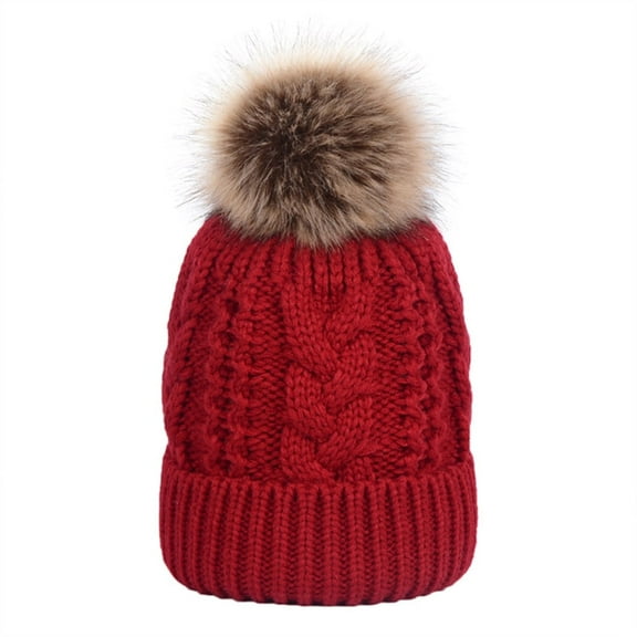 Toptie Womens Winter Fleece Lined Cable Knit Hat Faux Fur Pom Pom Beanie Hat-Maroon