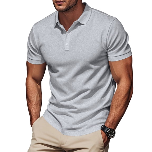 Domzest Mens Big & Tall Polo Shirt Short Sleeve Button Up Lapel Collar Quick Dry Golf Top Classic Breathable Solid Work Shirts Light Gray 2XL
