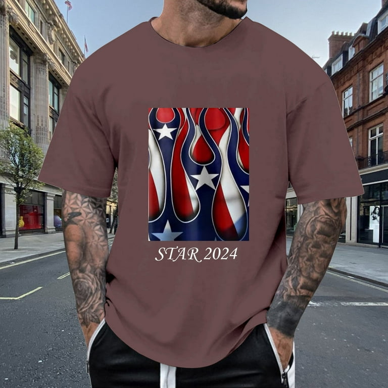 Yuhaotin Patriotic Mens Cotton T Shirts male Spring and Summer All Print Short Sleeve Round Neck T Shirt Fashion Trend Bottoming Shirt T-shirts for