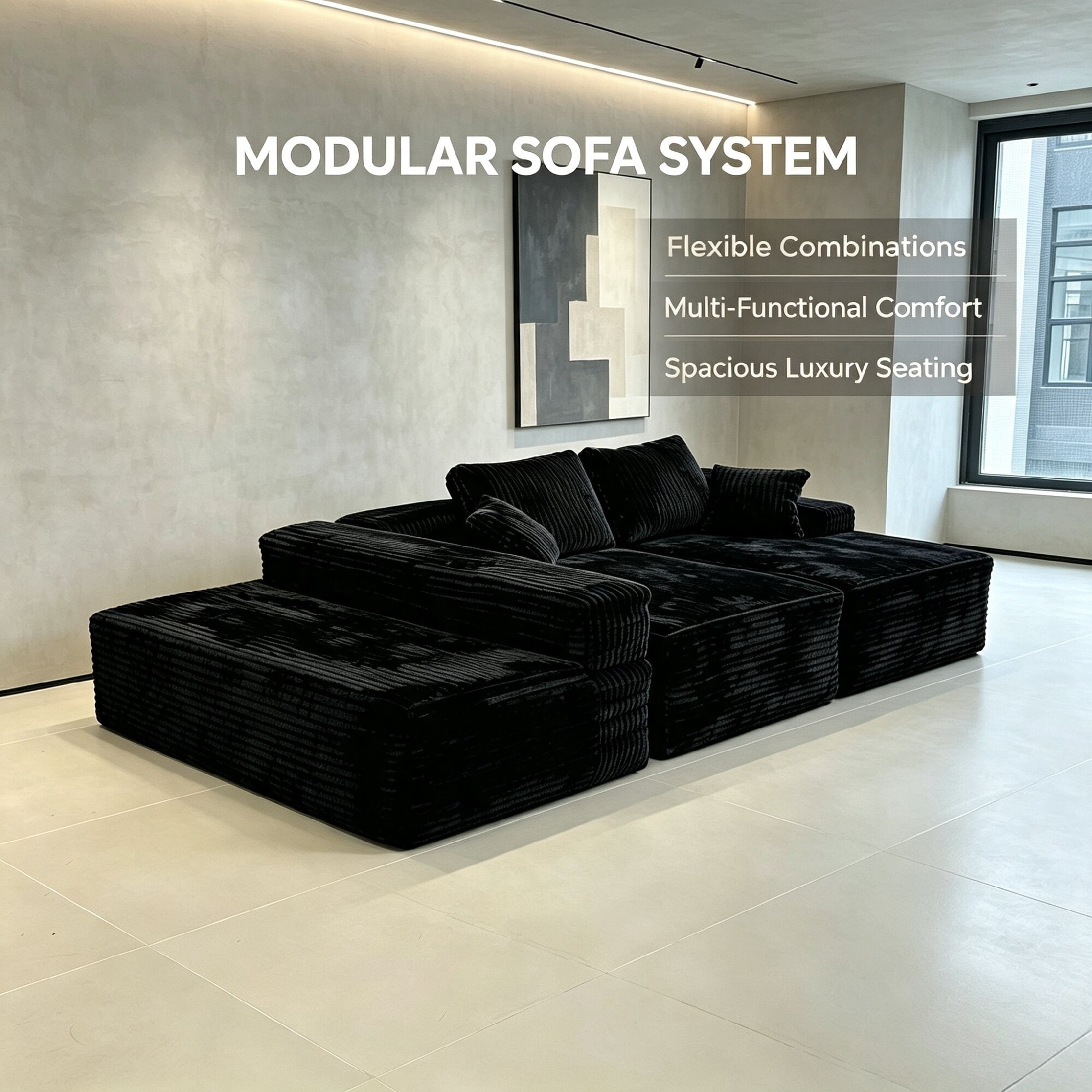 Modular Sectional Sofa 131 Inch, Oversized Boneless Cloud Couch with Chaise for Living Room, Compressed Box Packaging, Black