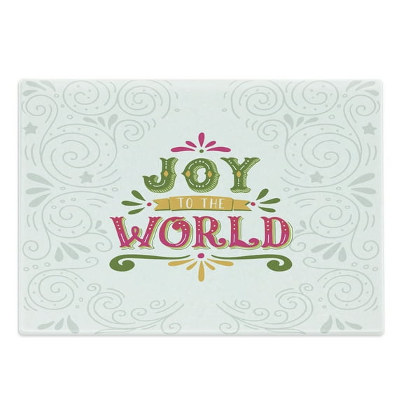 Joy Cutting Board, Joy to World Lettering with Geometrical Lines Swirls and Curlicues Pattern Xmas Theme, Decorative Tempered Glass Cutting and Serving Board, Large Size, Multicolor, by Ambesonne