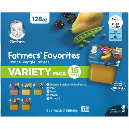 Gerber 2nd Foods Baby Food, Farmers' Favorites Variety Pack, 2 oz Tubs (32 Pack)