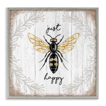 Stupell Industries Just Be Happy Charming Bee Animals & Insects Painting Gray Framed Art Print Wall Art, 17 x 17