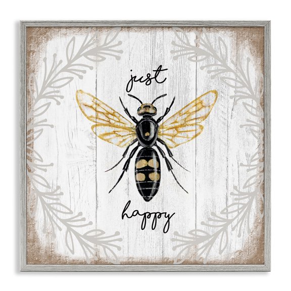Stupell Industries Just Be Happy Charming Bee Animals & Insects Painting Gray Framed Art Print Wall Art, 17 x 17
