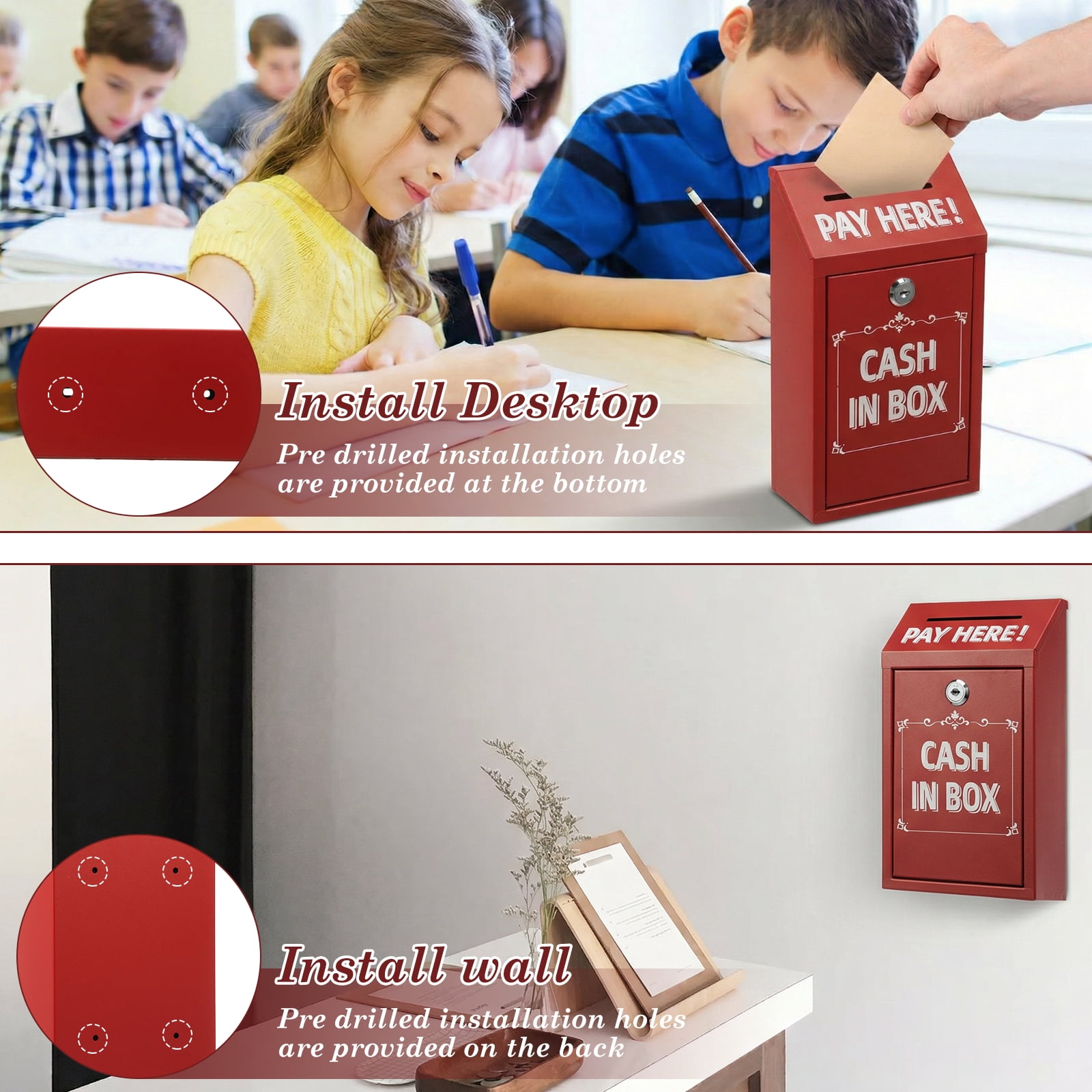 Metal Donation Box with Lock Slot Safe Suggestion Charity Collection Donation Money Lock Box Cash Drop Money Case Suggestion Box,Red,10.24 x 5.71 x 2.95''