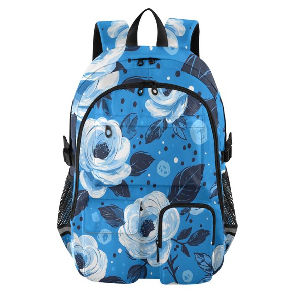 DIXRUYEE Blue White Floral Dots Pattern Backpack for School 14”Laptop Compatible with Reflective Safety Strips