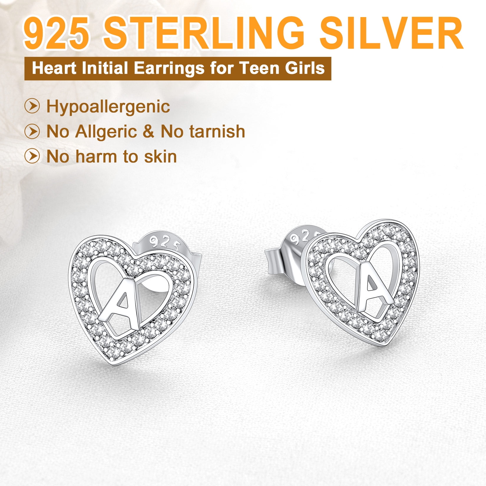 U7 Heart Initial Earrings Hypoallergenic 925 Sterling Silver Stud Earrings CZ Letter Earring for Women Birthday Jewelry Gift, Letter A
