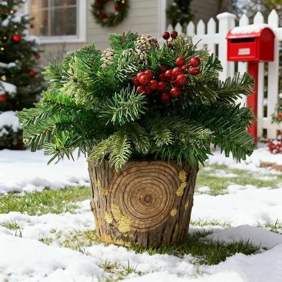 Dserfhy 18 Inch Lighted Artificial Christmas Urn Filler Pre-lit Xmas Pine Tree with Cones Red Berries Small Christmas Tree with Tripod Stake for Porch Yard Garden Flower Beds Decor