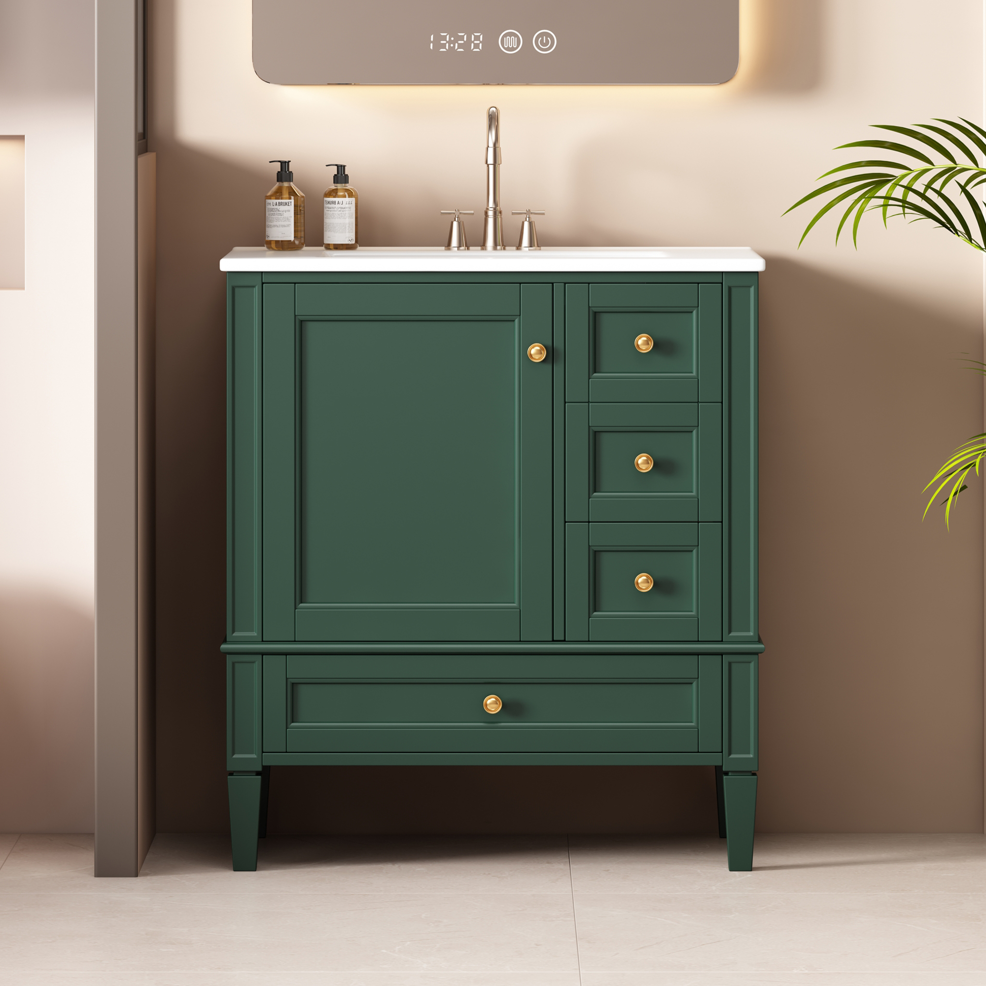 Euroco 30 Inch Bathroom Vanity with Ceramic Sink, Bathroom Vanity with 3 Drawers, Solid Wood Frame Modern Bathroom Storage Cabinet , Ideal for Home