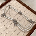 thumbnail image 5 of Layered Pearl Bow Necklace for Women, Multi Layer Choker with Heart Butterfly Cross Pendant, Vintage French Style Faux Pearl Chain Jewelry for Daily Wear Party Gift, 5 of 9
