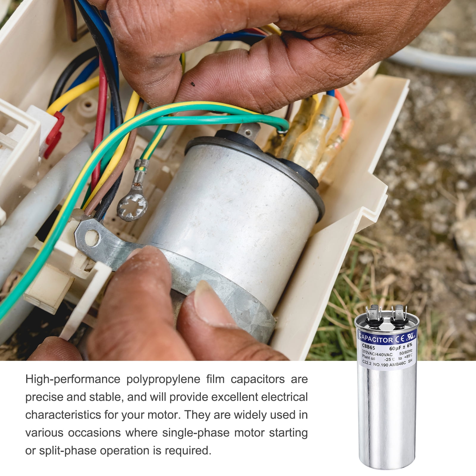 Uxcell 2Pcs 60MFD CBB65 Run Start Capacitor 60uF, 370/440V Round AC Capacitor for AC Motor Run, HVAC, Air Conditioner, Condenser Motors