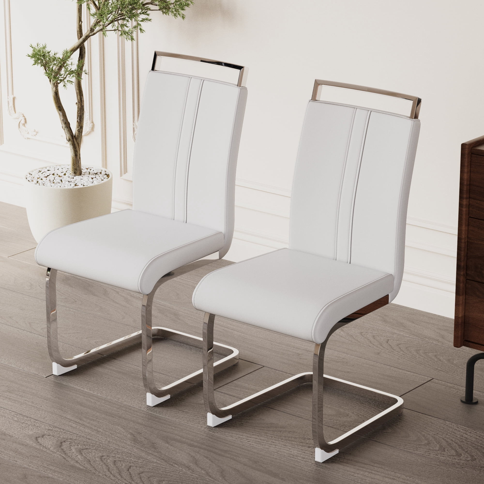Dining Chairs Set of 2 PU Leather High Back Upholstered Chairs with Gold Metal Legs for Home Kitchen Dining Room Patio, White