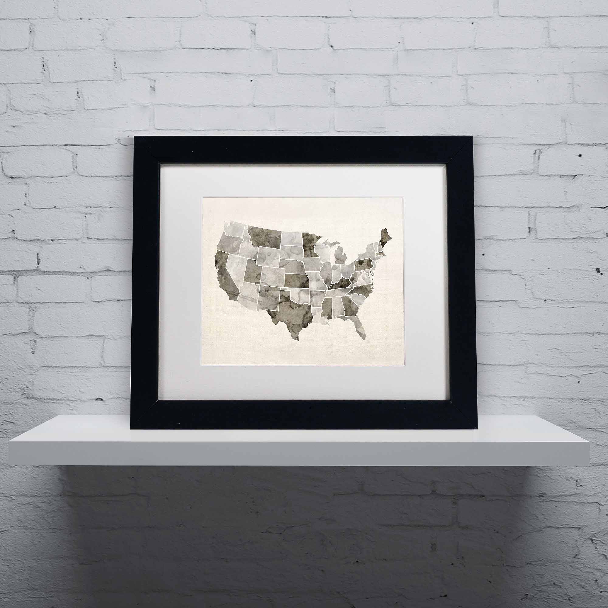 Trademark Fine Art "United States Watercolor Map" Canvas Art by Michael Tompsett, White Matte, Black Frame