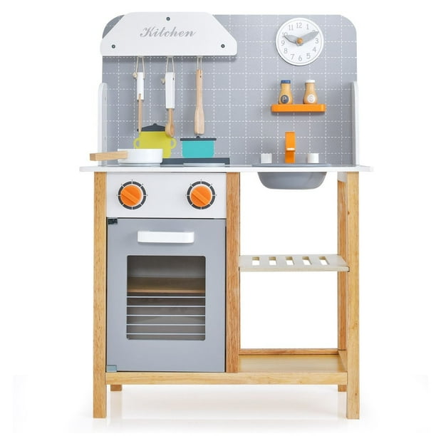 Cocina de Juguete de Madera Costway con Accesorios Reloj Lindo 57 x 26 x 82 cm Gris