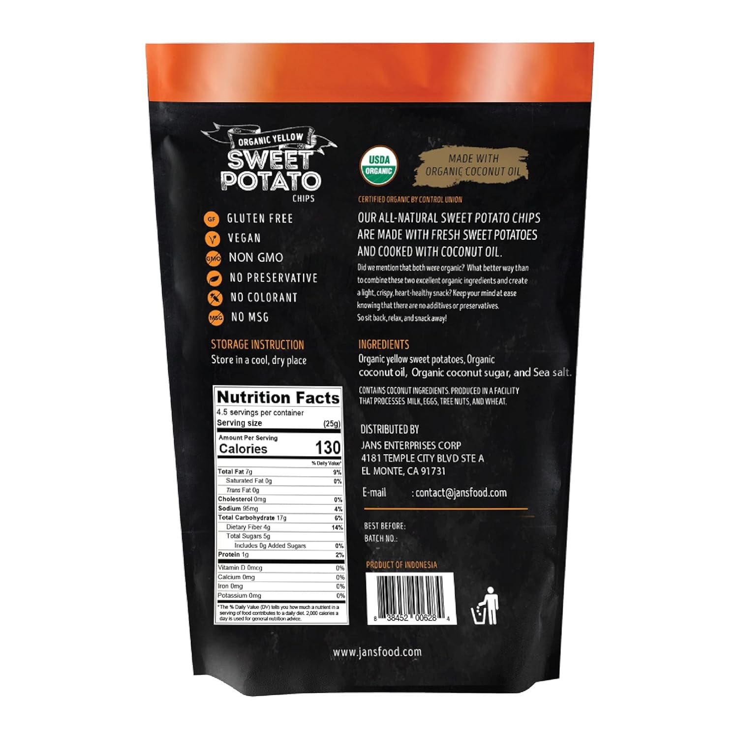 Jans Organic Sweet Potato Chips (Yellow, 4.0 oz) pack of 3