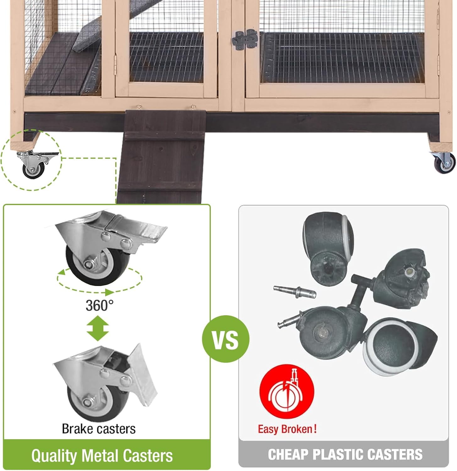 MEDEHOO Rabbit Hutch Wooden Rabbit Cage on Wheels 2 Story Guinea Pig Cage with Urine Guards,Pull Out Tray(Coffee Color)