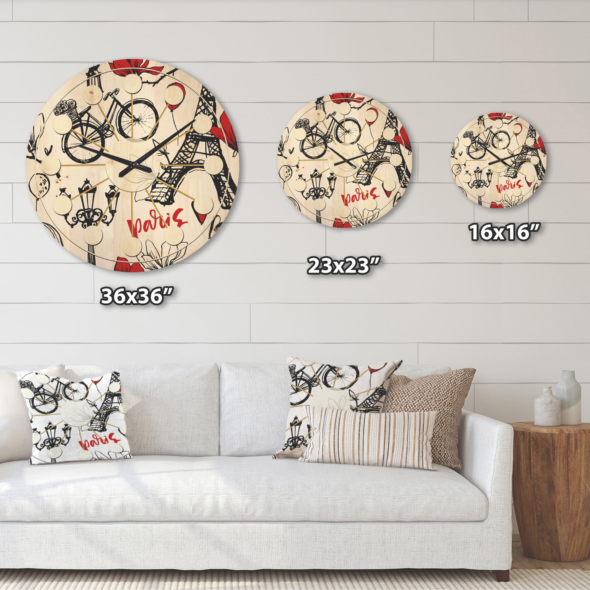 Designart 'Vactor Illustration Paris Eiffel ' Mid-Century Modern Wood Wall Clock